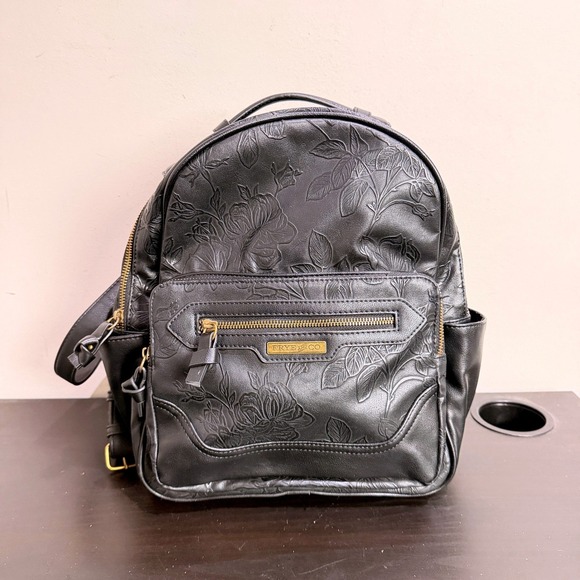 FRYE AND CO. Handbags - Frye and Co Black Floral Flower Embossed Faux Leather Dome Backpack Bag Western